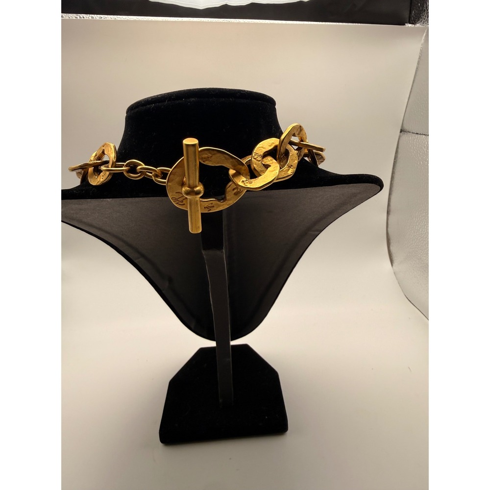 1990s Karl Lager field Gold Hammered Chunky Link Toggle Necklace KL Logo - Picture 4 of 6